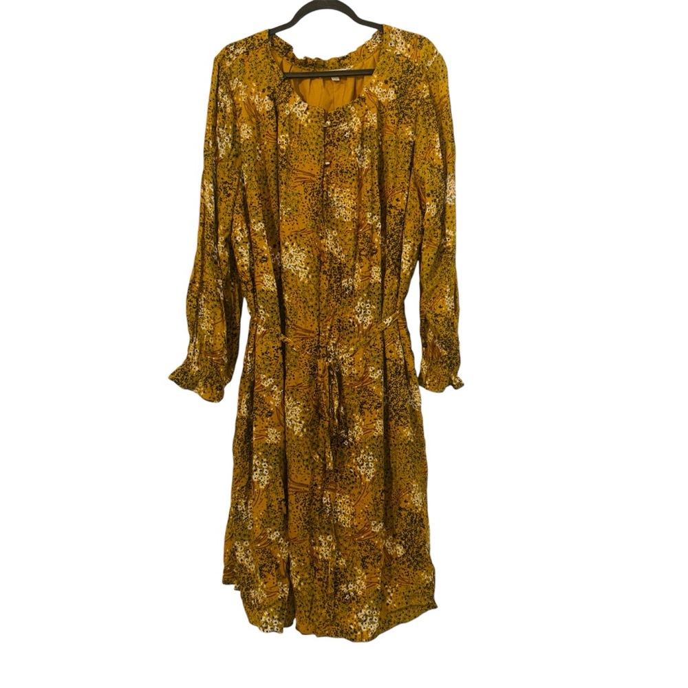 LOFT Plus Dress Mustard Yellow Floral Long Sleeves  Fall Size 24 Prairie Western